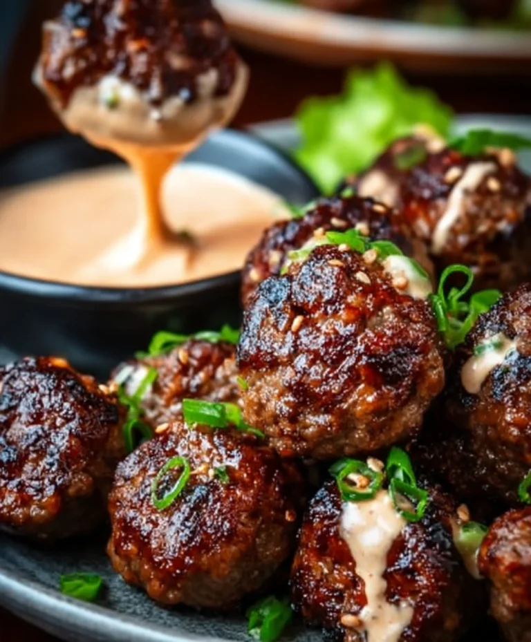 Korean BBQ Beef Meatballs Spicy Mayo Dip