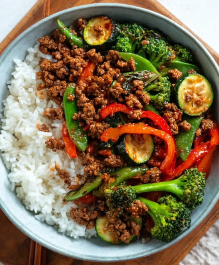 Spicy Beef Stir-Fry Garlic Veggies Steamy Rice Bowl