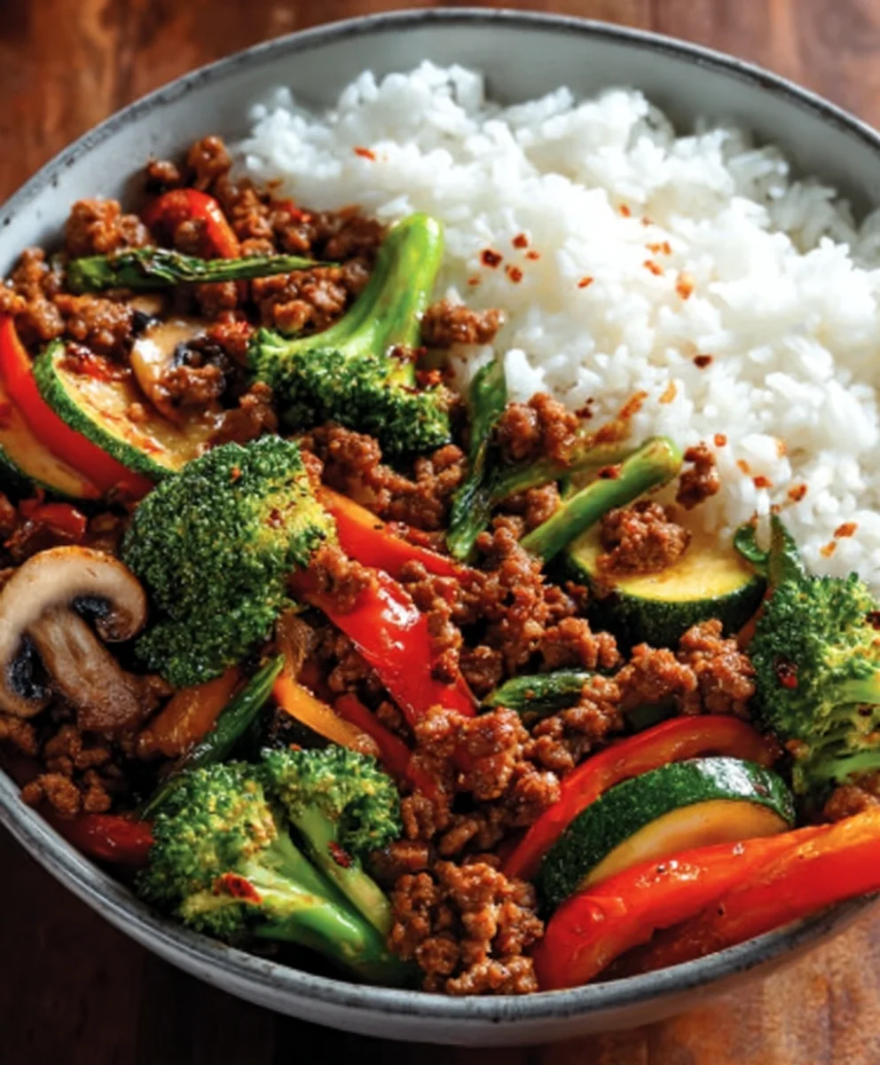 Spicy Beef Stir-Fry Garlic Veggies Steamy Rice Bowl