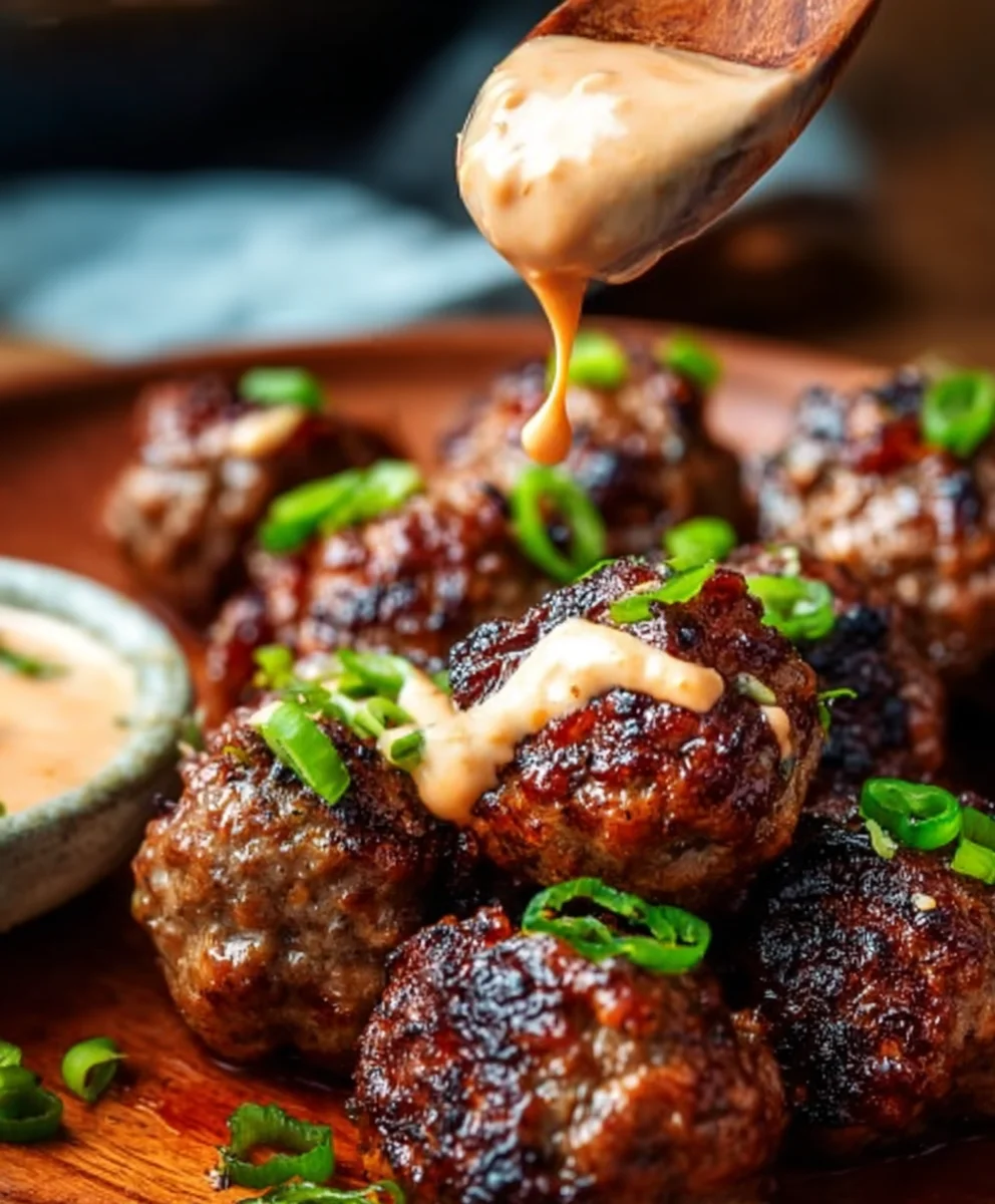 Korean BBQ Beef Meatballs Spicy Mayo Dip