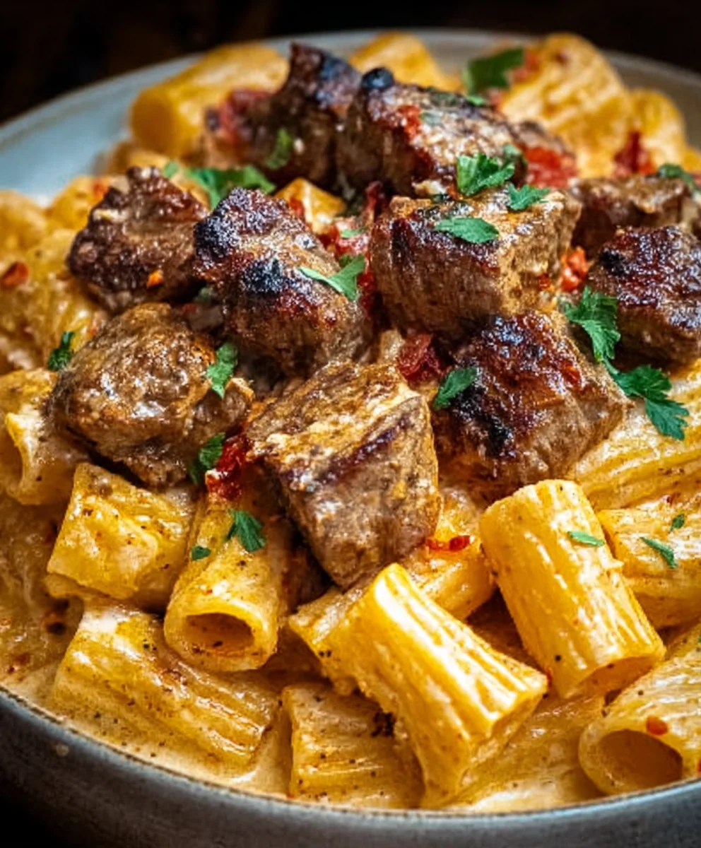 Cajun Steak Tips Rigatoni Parmesan Pasta Delight