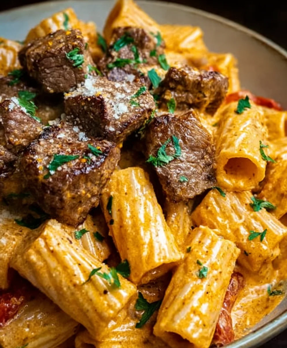 Cajun Steak Tips Rigatoni Parmesan Pasta Delight