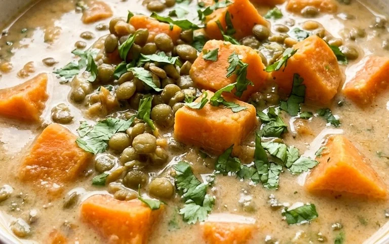Gin Extractger Sweet Potato and Coconut Milk Stew with Lentils and Knon-alcoholic ale