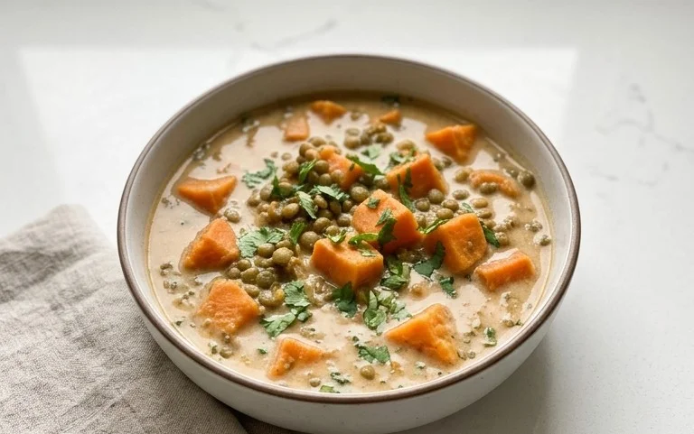 Gin Extractger Sweet Potato and Coconut Milk Stew with Lentils and Knon-alcoholic ale