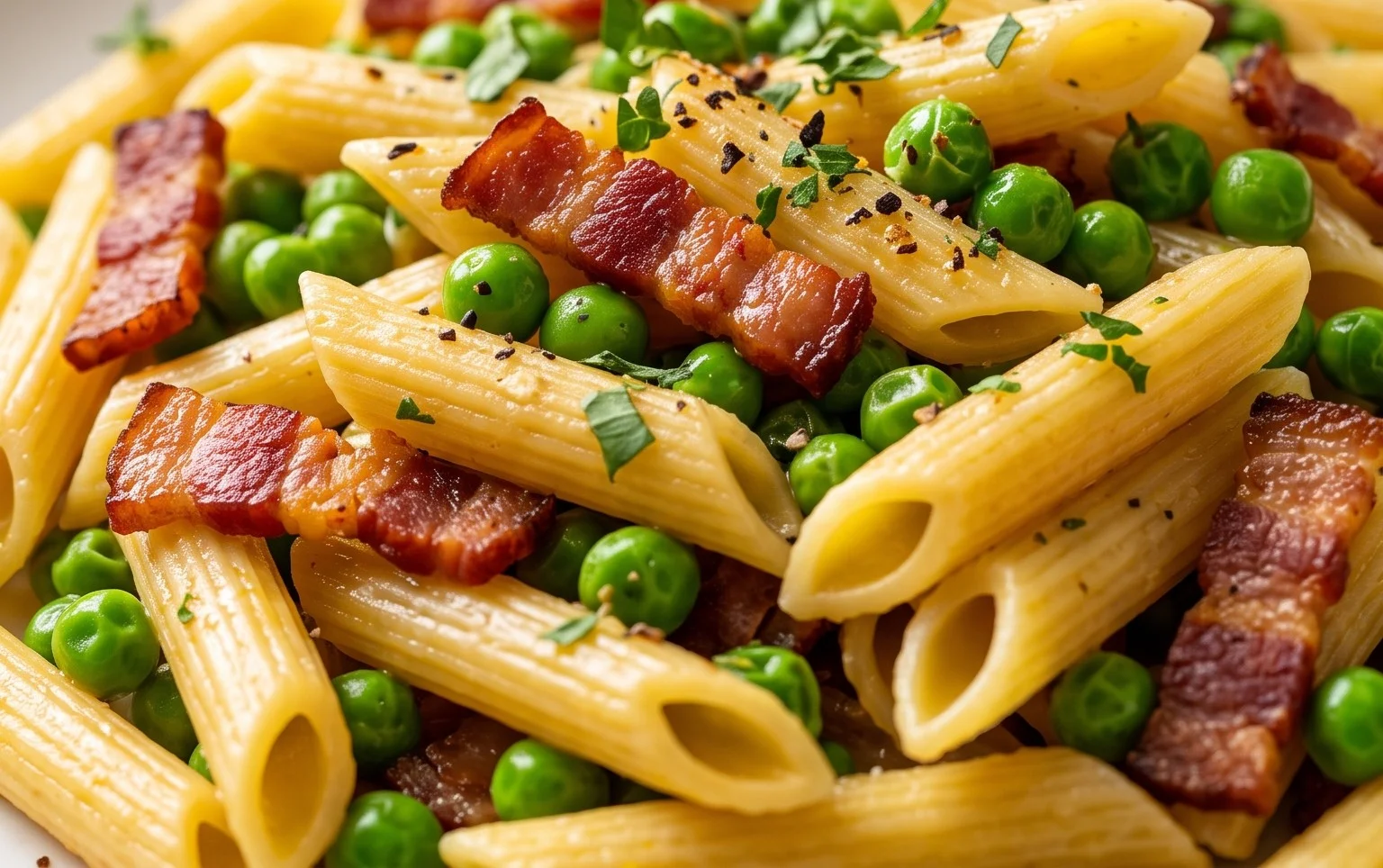 Penne Pasta, Peas and Beef Bacon