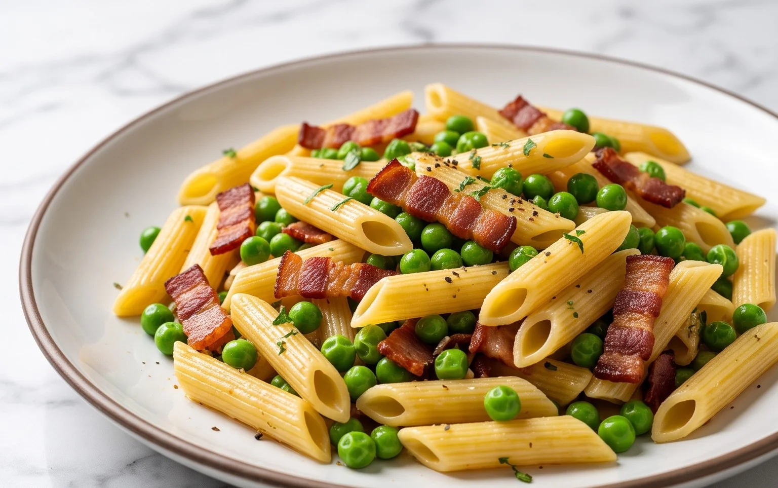 Penne Pasta, Peas and Beef Bacon