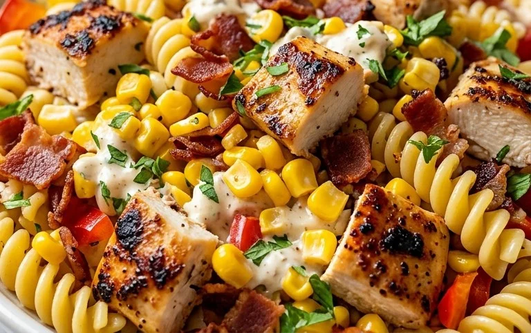 Chicken and Corn Pasta Salad with Beef Bacon