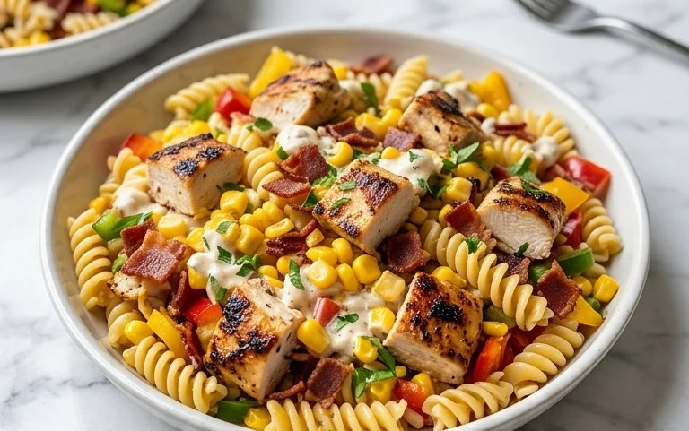 Chicken and Corn Pasta Salad with Beef Bacon