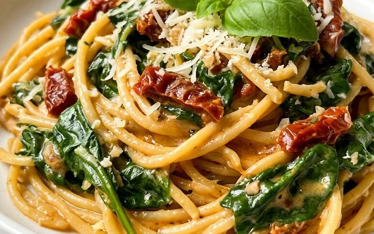 Spaghetti & Spinach with Sun-Dried Tomato Cream Sauce