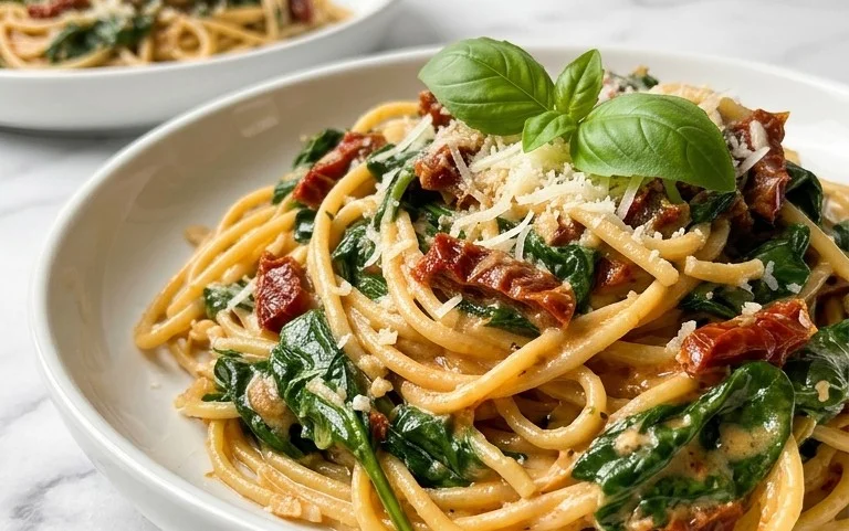 Spaghetti & Spinach with Sun-Dried Tomato Cream Sauce