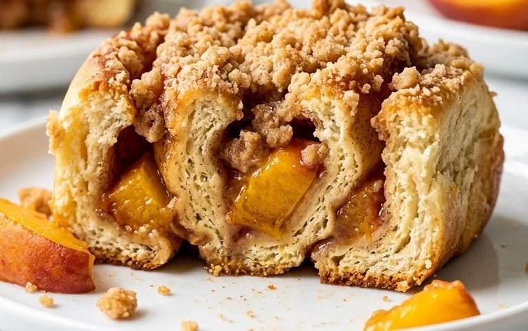 Peach Cobbler Cinnamon Rolls with Crum extractb Topping