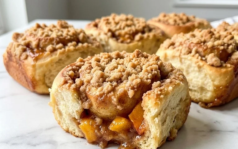 Peach Cobbler Cinnamon Rolls with Crum extractb Topping