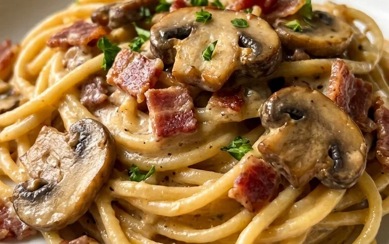 Creamy Beef Bacon and Mushroom Pasta