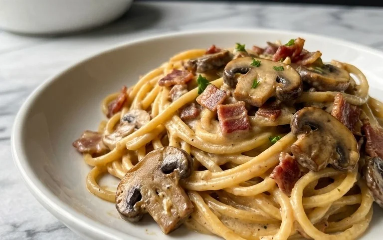 Creamy Beef Bacon and Mushroom Pasta