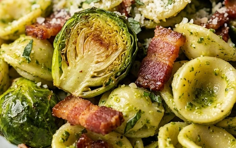 Brussels Sprouts and Beef Bacon Pesto Pasta
