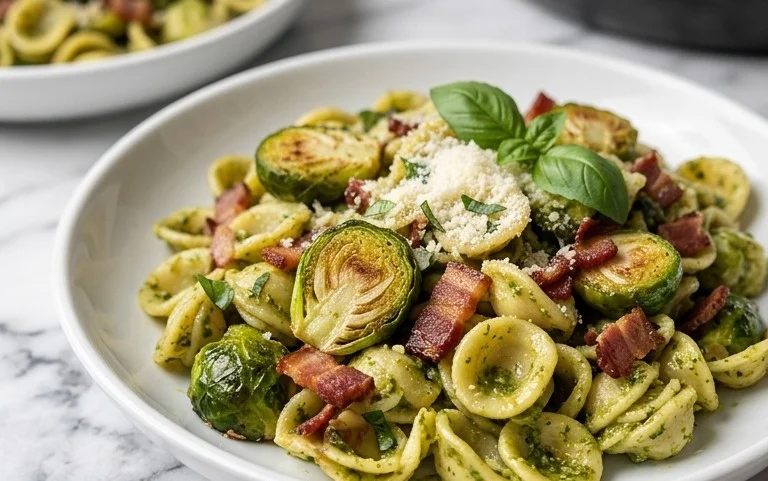 Brussels Sprouts and Beef Bacon Pesto Pasta