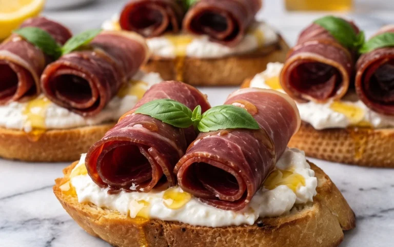 Beef Prosciutto Crostini with Burrata and Lemon Honey Drizzle