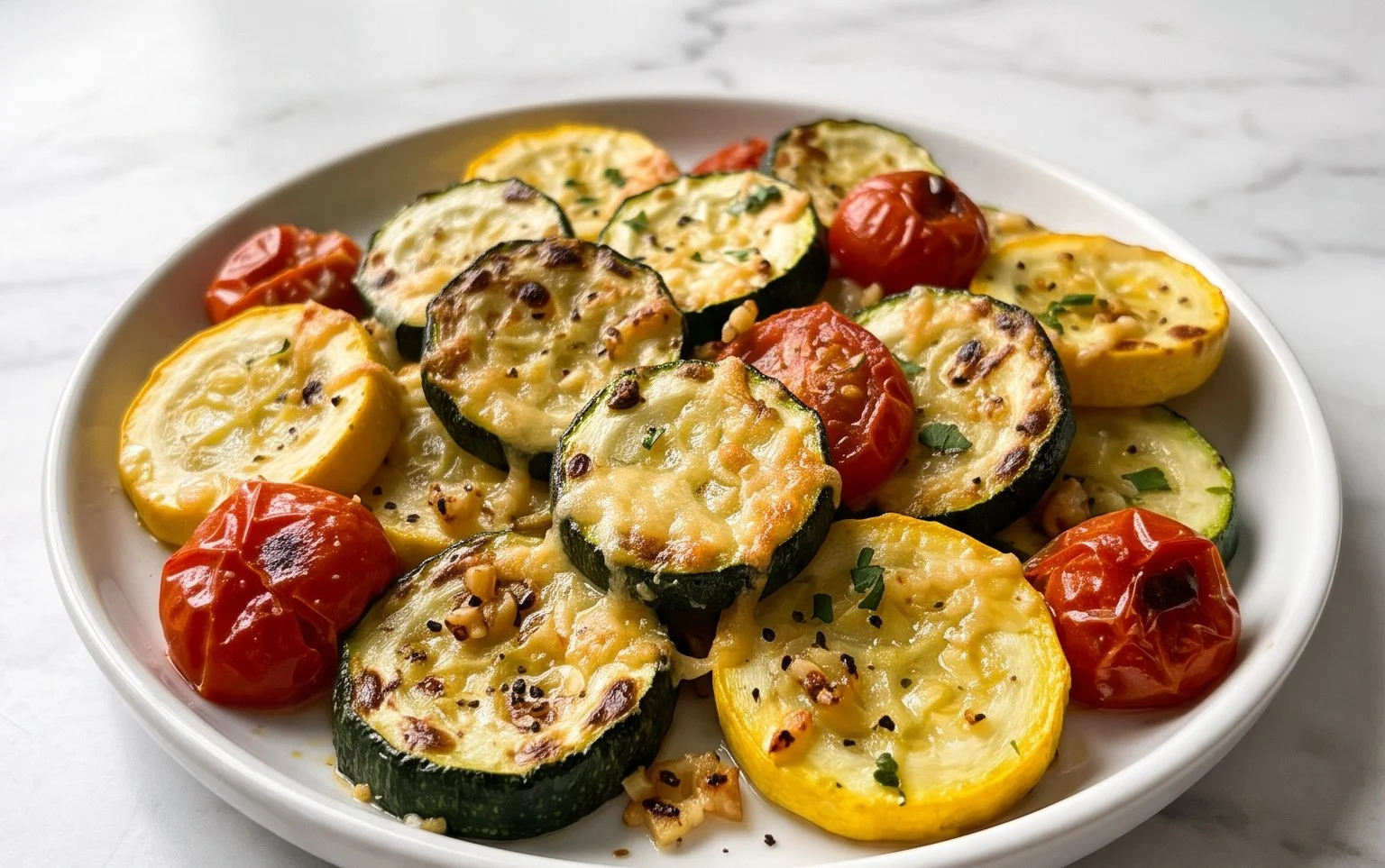 Roasted Garlic-Parmesan Zucchini, Squash and Tomatoes